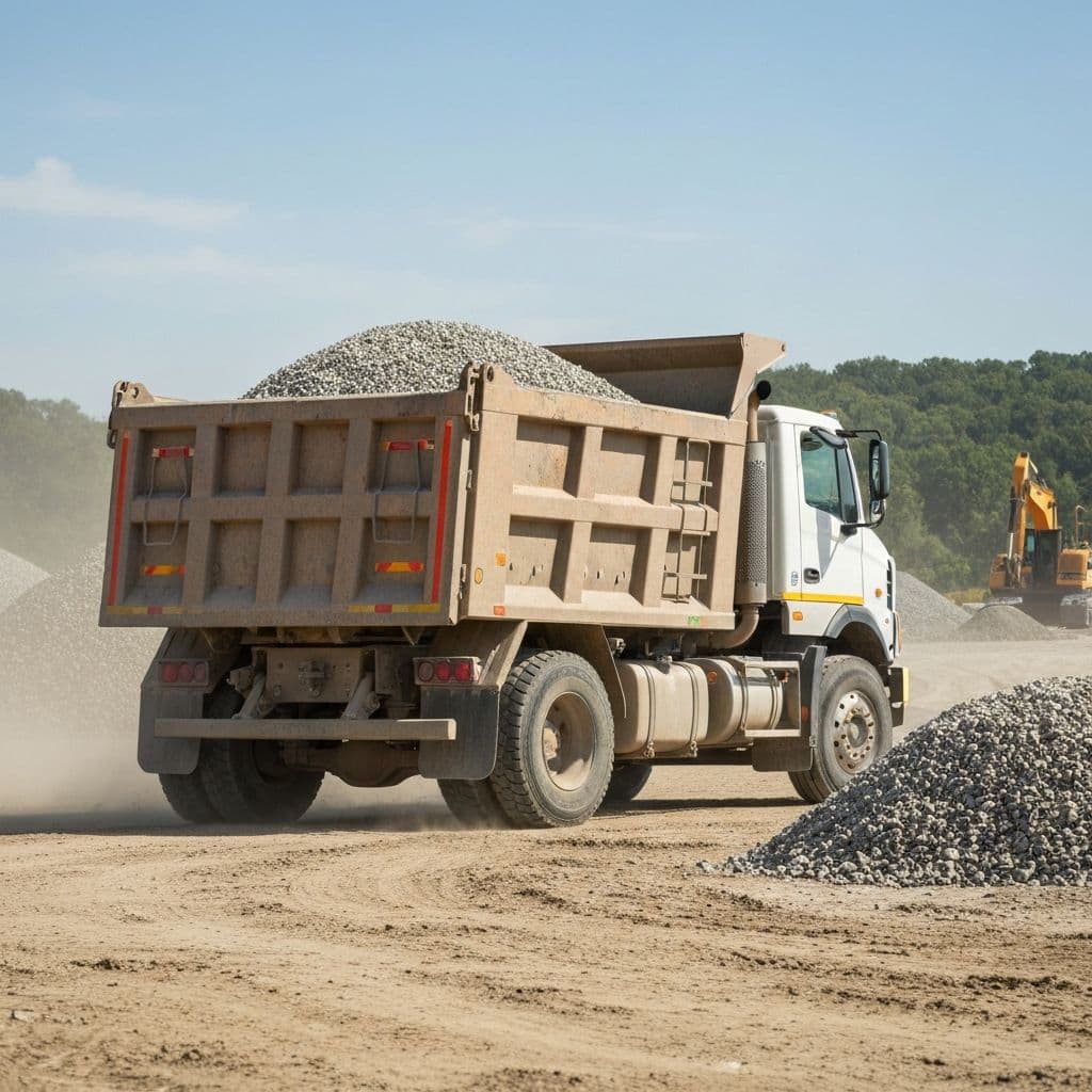 Dump truck CV Batu Split Indonesia mengantarkan material batu split ke lokasi proyek